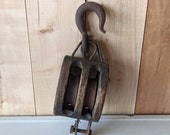Antique Double Wood Pulley - Iron Pulley Double - Vintage Barn Pulley - Rustic Light Fixture Pulley