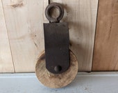 Antique Wood Pulley - Iron Pulley - Vintage Barn Pulley - Rustic Light Fixture Pulley