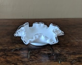 Milk Glass Fluted Silver Crest- Fenton Silver Crest Dish - White Dish Ruffled Clear Glass Edge - Fenton Glass Dish
