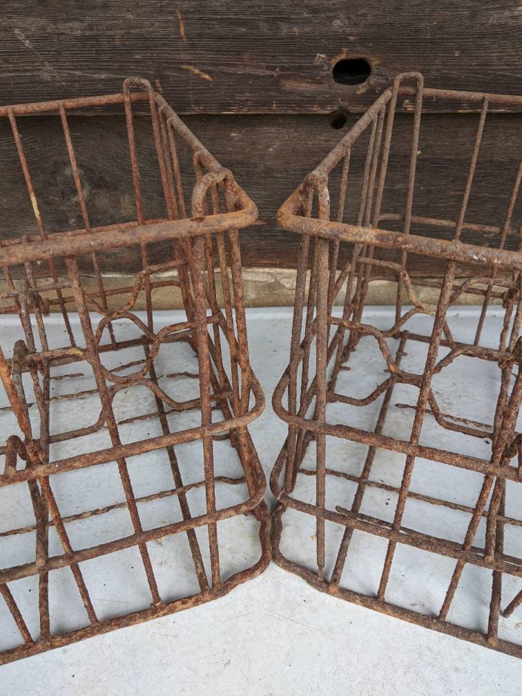 Antique Milk Crates Vintage Metal Wire Basket Matching Old Beverage