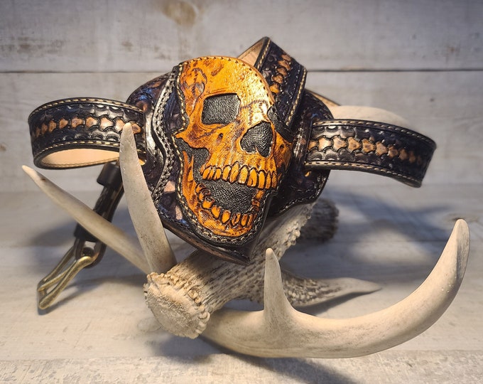 Featured listing image: Black And Tan Acid Bubble Open Top Skull and Bones Rig - Belt and Holster