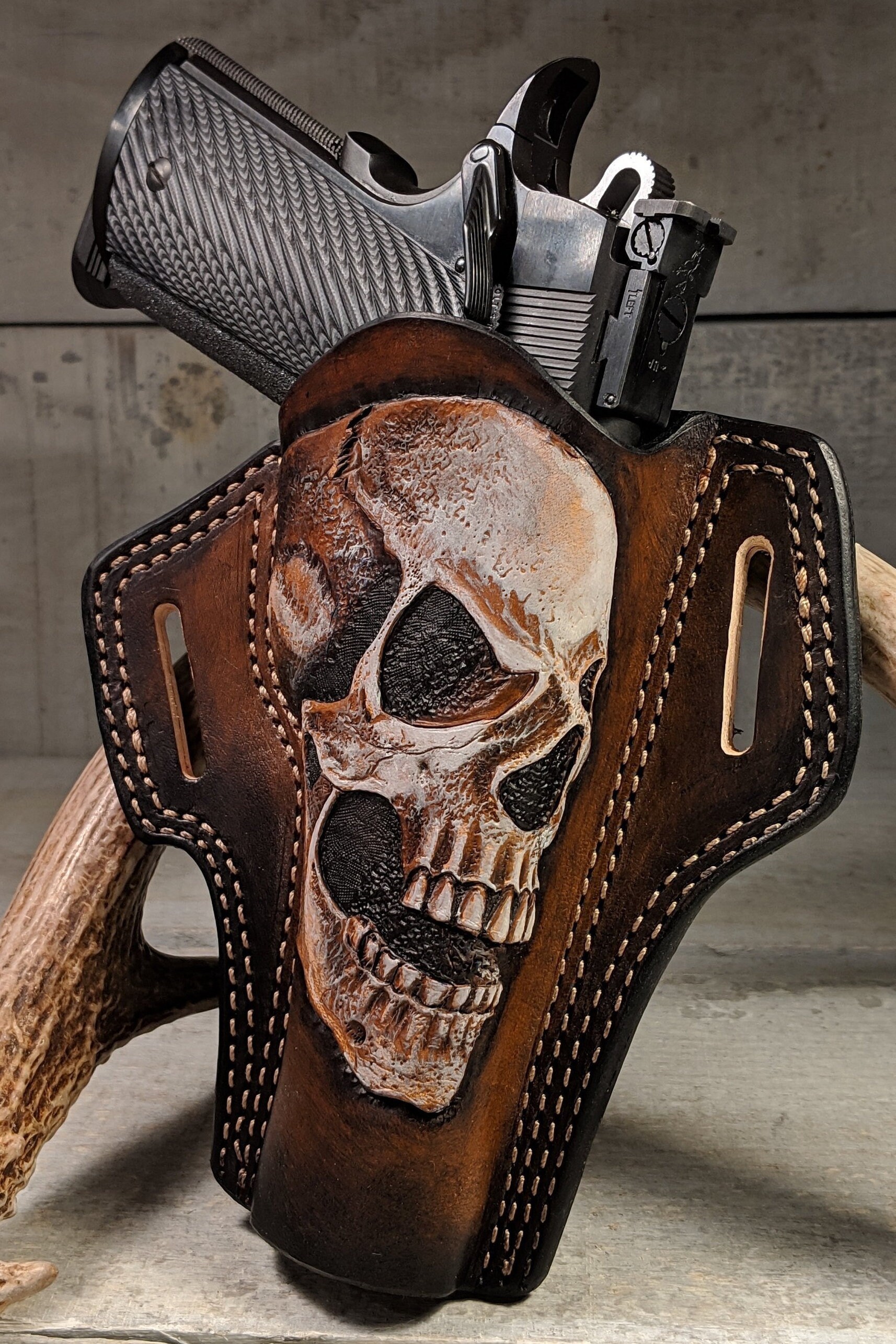 Leather Skull 1911 Holster Hand Carved Dyed and Painted Etsy