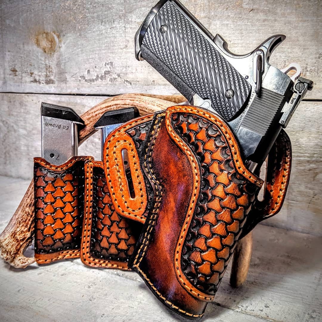 Handmade Open Top Leather Holster & 2X Open Top Mag Pouch Set Fully
