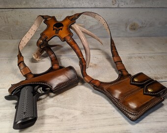 FREE SHIPPING Handmade Customizable Leather 1911 Shoulder Holster With Double Magazine Pouches And Adjustable Straps