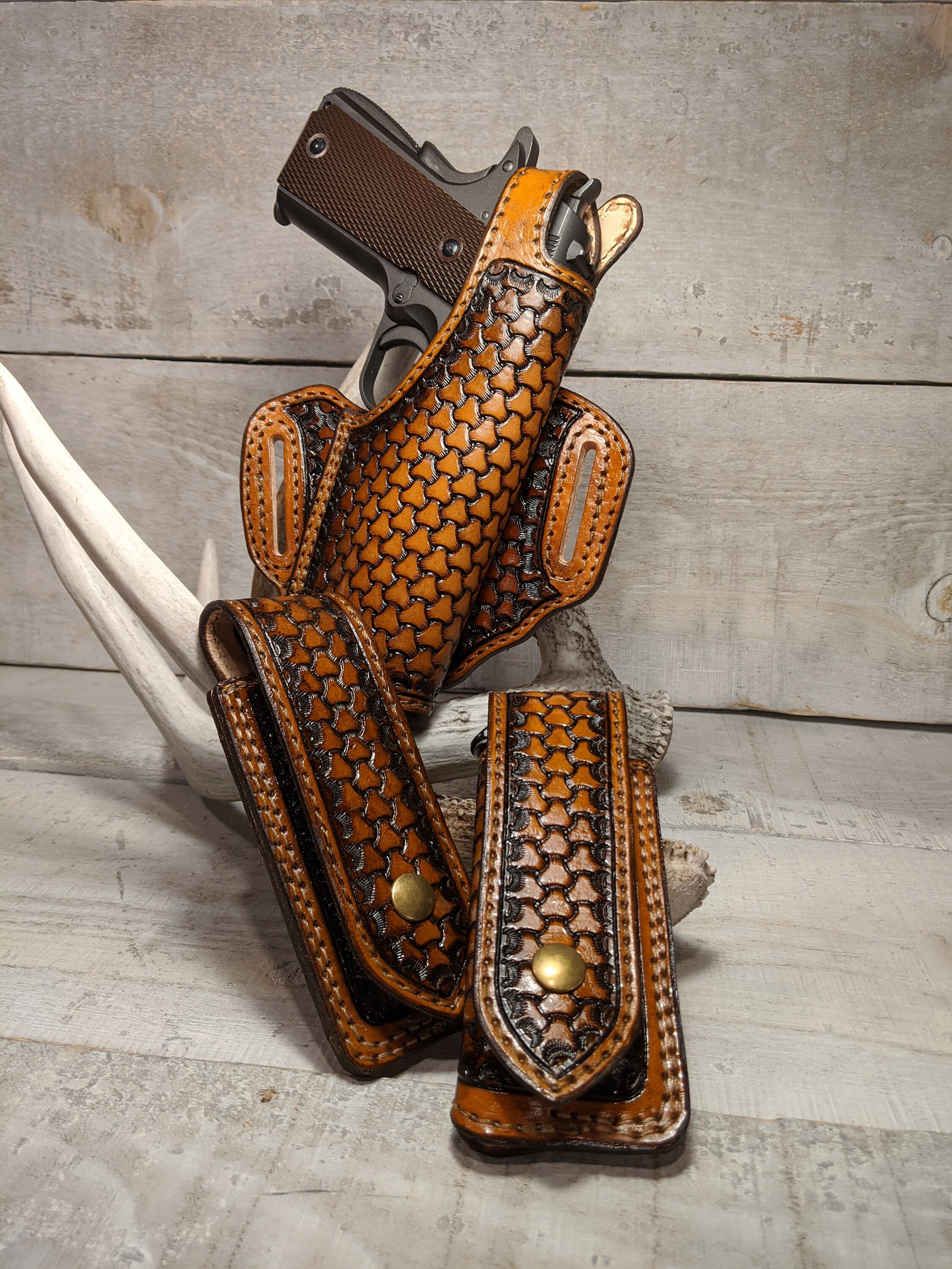 1911 Leather Rig Set Thumb Break Holster Closed Top Mag Pouches & Belt