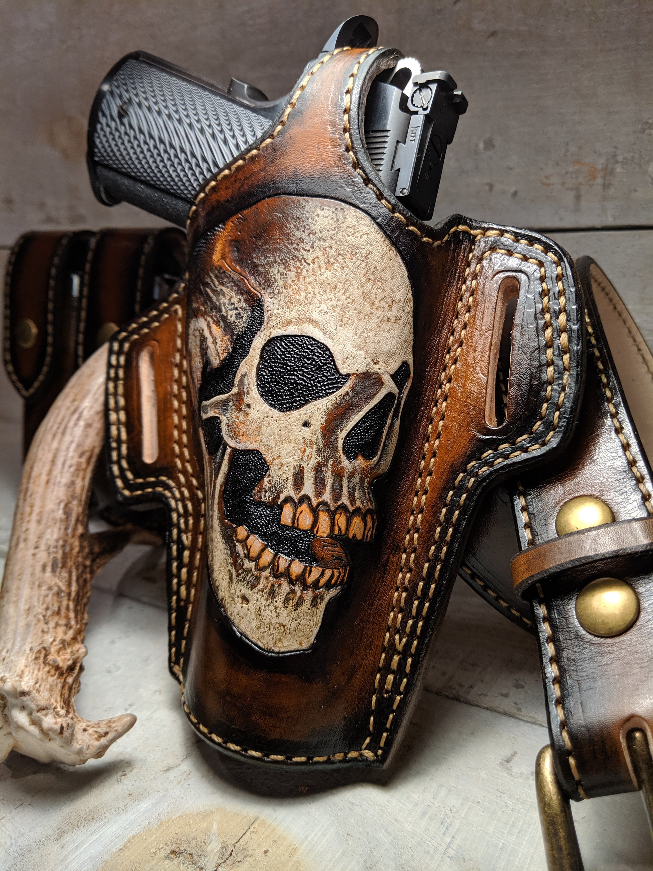 Custom 1911 Skull Holster with Thumb Strap Retention