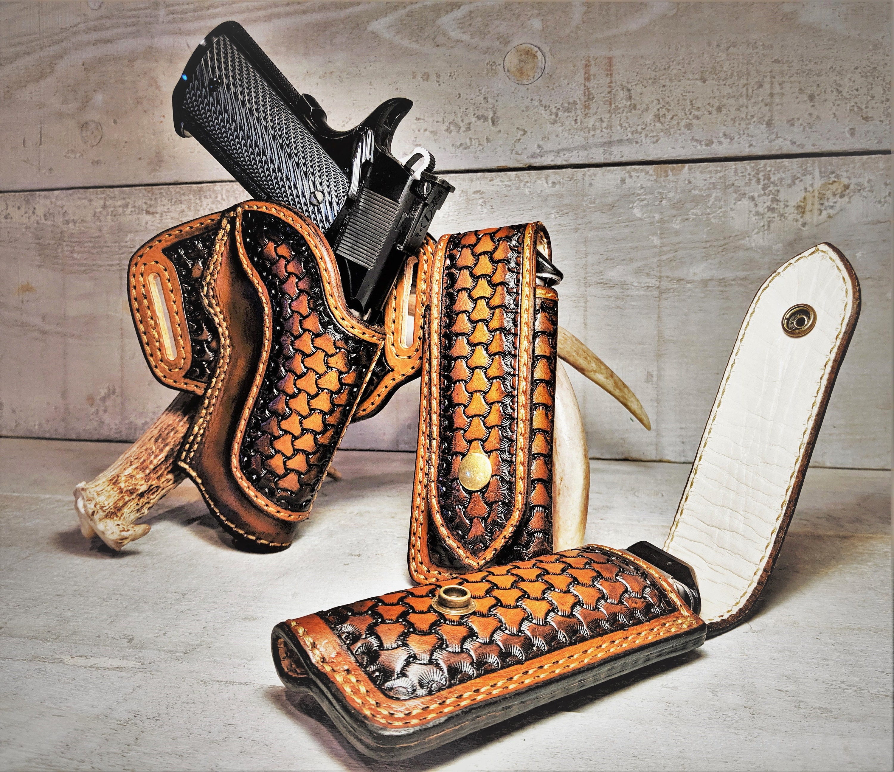 Handmade Open Top 1911 Leather Holster & 2X Closed Top Mag Pouch Set