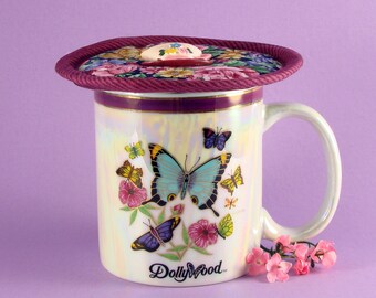 Mug Cover, Mug Lid, Coffee Lid, Coffee Cup Lid,  Coffee Mug Cover, Tea Cup Cozy, Kup Kap English Garden Flowers