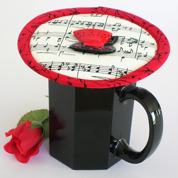 Mug Cover, Mug Lid, Coffee Lid, Coffee Cup Lid,  Coffee Mug Cover, Tea Cup Cozy, Extra Large Mug Lid, Kup Kap Music Notes for Singing