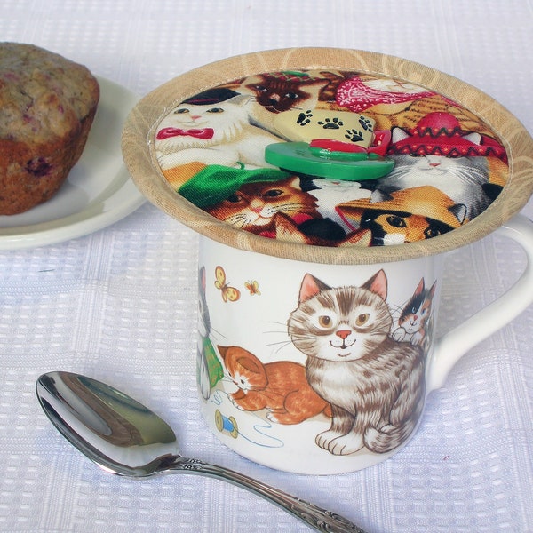 Mug Cover, Mug Lid, Coffee Lid, Coffee Cup Lid,  Coffee Mug Cover, Tea Cup Cozy, Extra Large Mug Lid, Kup Kap Diversity Cats in Hats