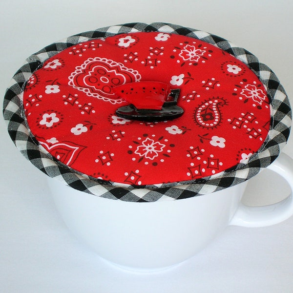 Mug Cover, Mug Lid, Coffee Lid, Coffee Cup Lid,  Coffee Mug Cover, Tea Cup Cozy, Extra Large Mug Lid, Red Blue Bandana Western Kup Kap