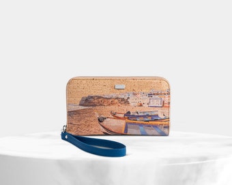 Cork Wallet, Cork Wallet with print, Woman Wallet, Cork Zip-Around Wallet "-Nazaré", cork and leather