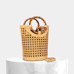 Bolso cesta redonda de paja y corcho de trigo seco, bolso de paja y corcho, bolso de corcho mujer, bolso tote, asas de bambú, bolso de lujo
