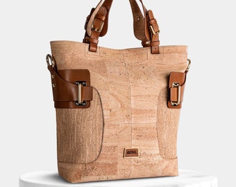 Natural Cork Tote Bag, Tall Bag Natural cork, Woman Bag, Cork Shoulder Bag, Cork Crossbody Bag, Leather Details