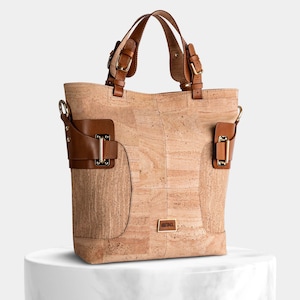 Natürliche Kork-Einkaufstasche, hohe Tasche aus natürlichem Kork, Frauentasche, Kork-Schultertasche, Kork-Umhängetasche, Leder-Details