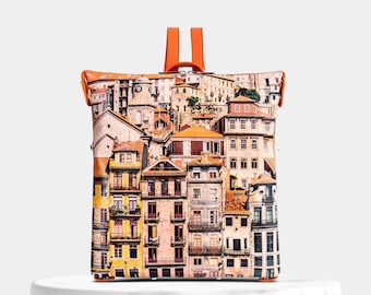 Convertible Cork Backpack "Oporto", Cork Backpack 3in1 multiple formats, Oporto Backpack illustration, leather details