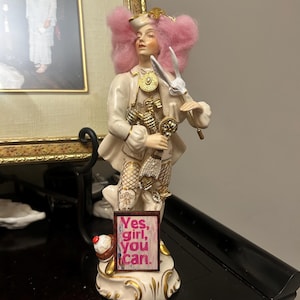 Yes Girl You Can Altered Vintage Porcelain Figurine | Pink Hair Maximalist Assemblage Art | One of a Kind Kitsch Decor | Rabbit Gentleman