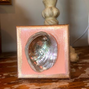 May include: Abalone shell art piece. The iridescent shell is mounted on a square, pink canvas with gold trim. The shell's interior reflects shades of green, blue, and purple. The artwork is displayed on a wooden surface.