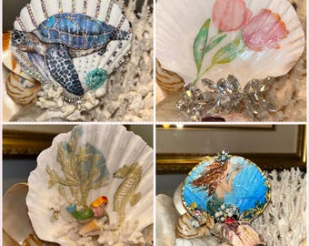 Clam shell decoupaged with tulips and added jewels