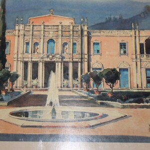 May include: A watercolor painting of a large, light pink mansion with a fountain in front. The mansion has a symmetrical design with many windows and a central entrance. The fountain is surrounded by a circular pool of water.
