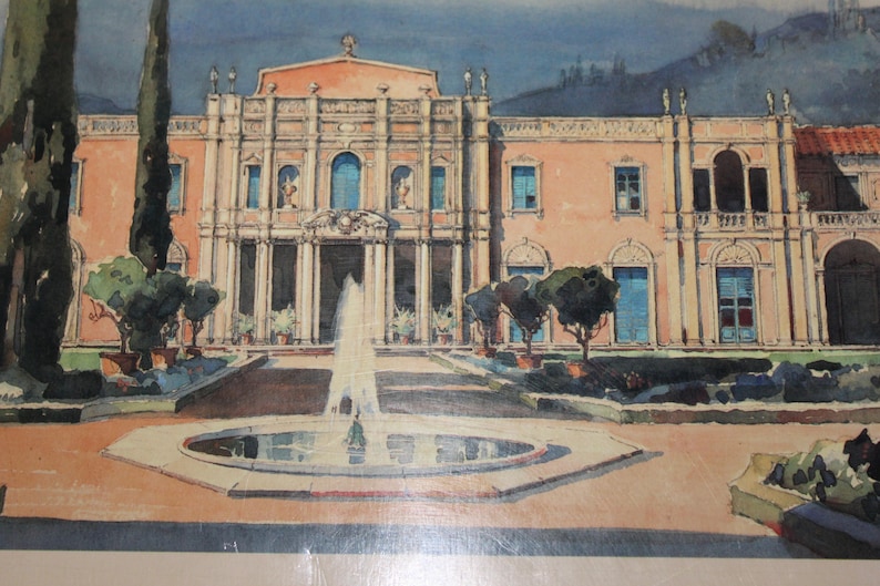 May include: A watercolor painting of a large, light pink mansion with a fountain in front. The mansion has a symmetrical design with many windows and a central entrance. The fountain is surrounded by a circular pool of water.