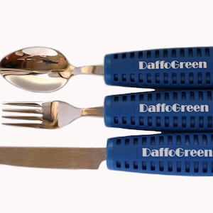 May include: A set of three blue handled utensils with the text "DaffoGreen" on each handle. The utensils include a fork, spoon, and knife.
