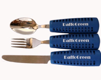 May include: A set of three blue handled utensils with the text "DaffoGreen" on each handle. The utensils include a fork, spoon, and knife.