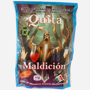 May include: A transparent plastic bag with a blue border, displaying the text "Quita Maldición" and "Bath of Aromatic Plants Delightfully". The bag features a colourful illustration of a wizard and various symbols.