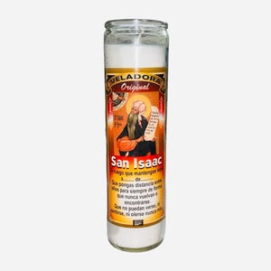 May include: A white candle in a clear glass jar with a label featuring an illustration of a saint and the text "San Isaac". The label is predominantly orange and gold, with text in Spanish. The candle is a religious item.