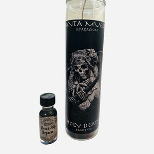 May include: A black and white candle featuring a skeletal figure wearing a veil and holding a scythe. The candle is labelled "Santa Muerte Separacion Holy Death Break Up". A small bottle of oil is also pictured, labelled "Witchs Valley Break-Up Separar".