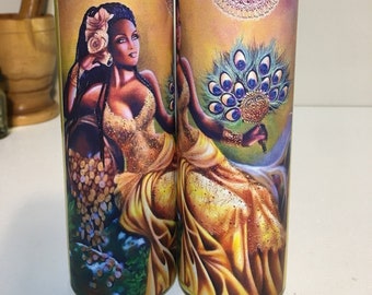 Oshun Goddess Yellow Dressed Conjured Candle + Oshun Oil, Diosa Oshun Veladora Preparada