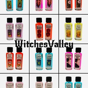 May include: A collection of twelve small glass bottles with black lids, each labelled with Spanish text. The bottles contain coloured liquids and feature various label designs, including images and text. The brand name "Witches Valley" is also visible.