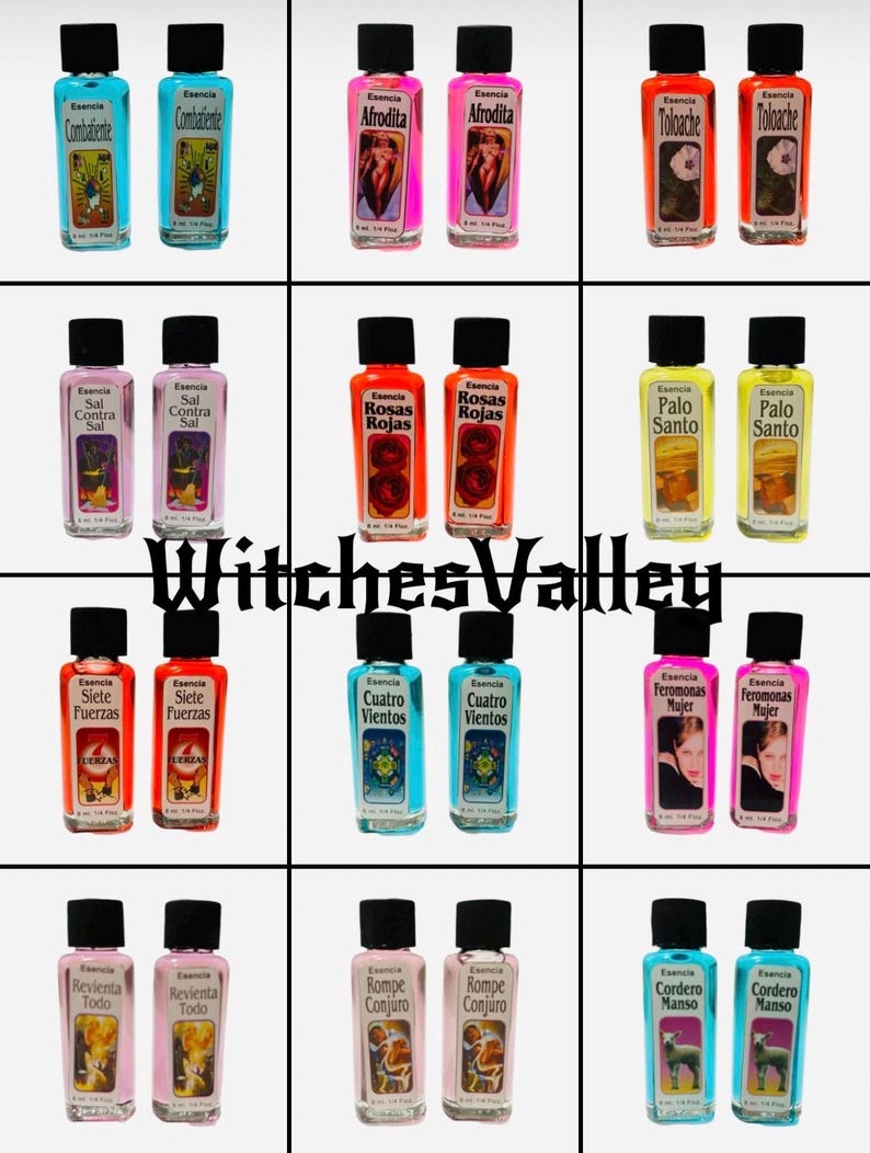 May include: A collection of twelve small glass bottles with black lids, each labelled with Spanish text. The bottles contain coloured liquids and feature various label designs, including images and text. The brand name "Witches Valley" is also visible.
