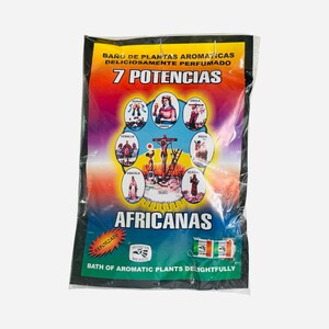 May include: A sealed bag of aromatic plants with the text "7 Potencias" and "Africanas". The bag features colorful illustrations of religious figures and the text "Bath of Aromatic Plants Delightfully".