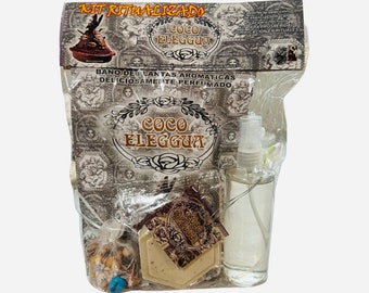 COCO ELEGGUA Kit Ritualizado con Perfume + Baño Aromatico + Jabon + Amuleto ELEGUA