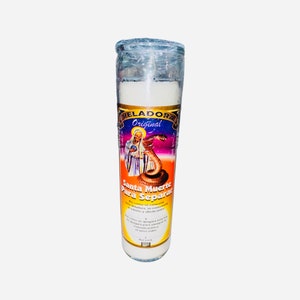 May include: A white candle in a glass jar with a colourful label featuring an image of Santa Muerte, a skeletal figure with a snake, and the text "Santa Muerte Para Separar". The label also includes text in Spanish about the candle's purpose.