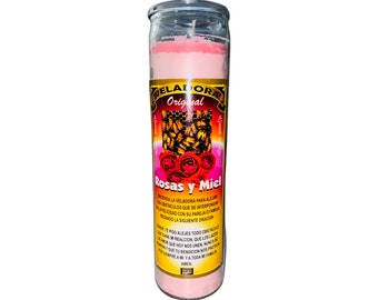 May include: A tall, pink candle in a clear glass jar. The label reads "Veladora Original Rosas y Miel" with text in Spanish and images of roses and honeycombs. The candle is designed for spiritual or ritual use.