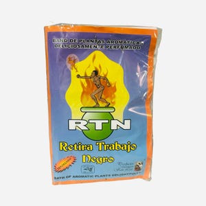 May include: A sealed package with the text "BATH OF AROMATIC PLANTS DELIGHTFULLY". The package has a blue background with an orange border. The package has a graphic of a person in front of a fire. The text "RTN" is also visible.