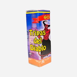 May include: A red, white, and blue box with a cartoon devil holding a bottle of liquor. The box says "Tripas del Diablo" and "Hecho en Mexico".