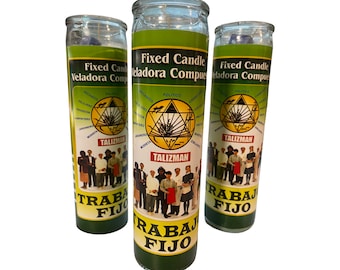 May include: Three green and yellow candles with a graphic of people and the text "Fixed Candle Veladora Compuesta Talisman Trabaja Fijo"