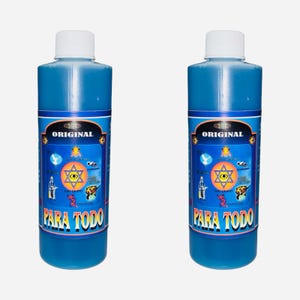 May include: Two identical cylindrical plastic bottles filled with blue liquid, featuring white screw caps and labels with the text ORIGINAL and PARA TODO, along with a central star symbol containing an eye and various small graphic illustrations.