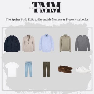 May include: A style guide titled "TMM The Minimalist Manual" with the text "The Spring Style Edit: 10 Essentials Menswear Pieces + 12 Looks." The image displays a navy blazer, beige jacket, blue shirt, green sweater, grey sweater, white t-shirt, blue jeans, green trousers, brown loafers, and white trainers.