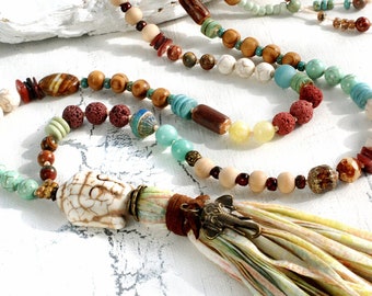 great tassel necklace Buddha, unique Boho Bohemian jewelry hippie, gemstone ethno bead necklace, mala style, gift summer meditation