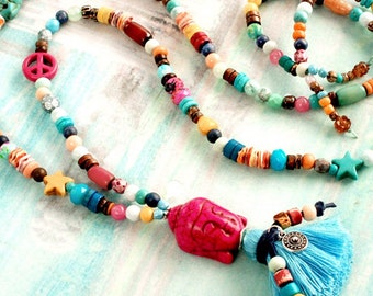 long necklace Boho Buddha, Ibiza style summer colorful, hippie ethnic, great colors, begging necklace with pendant, gift tassel necklace