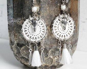 Boho dream catcher earrings, bohemian, Ibiza style, white wedding, hippie, buffalo dream catcher, festival, earrings, gift