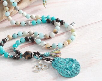 long chain Buddha pendant Amazonite Howlite Agate gemstones, Mala style Boho unique beaded necklace Bohemian Yoga Meditation Ethno gift