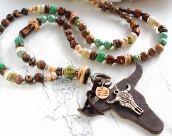 trendy long necklace Boho unique, gemstones agate & lava beads, handmade charm necklace leather pendant, gift necklace Ethno, hippie gift