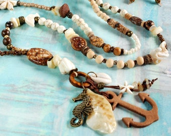 lange Kette maritim Muschel Boho Strand Meer, handmade jewelry, Leder-Anker Seahorse Unikat, Sommer Ibiza Urlaub Geschenk unique gift