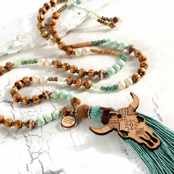 Lässige Quastenkette Boho Büffel Halskette Unikat handmade jewelry necklace, Bohemian Ethno-Schmuck Hippie, Geschenk