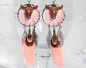 lange Ohrringe Traumfänger Unikat trendiger Boho-Schmuck, Federn Hängeohrringe Hippie, Bohemian Büffel, Dream Catcher